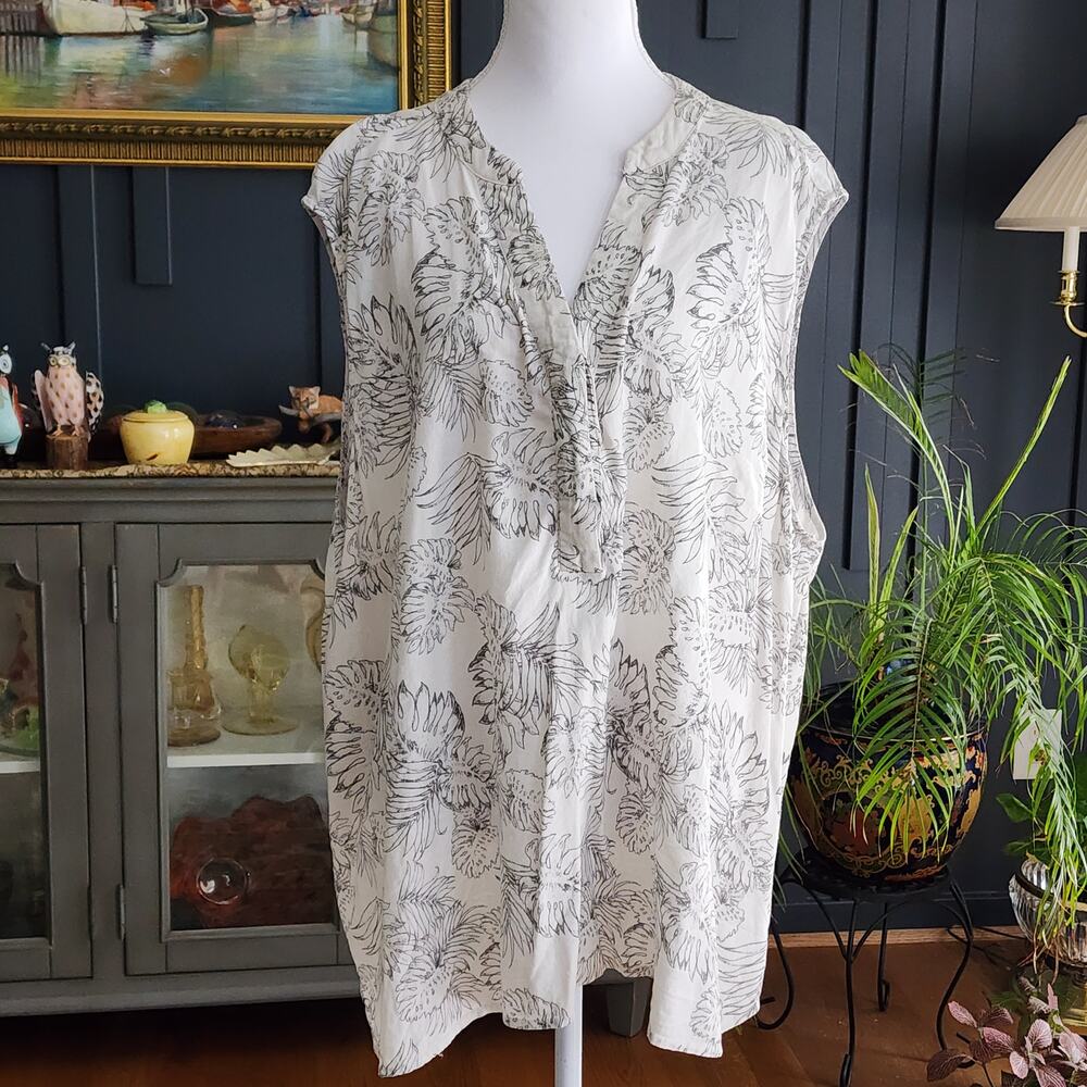 Soiree Linen Blend Sleeveless Tunic Top Sz 3X Hidden Button Black White